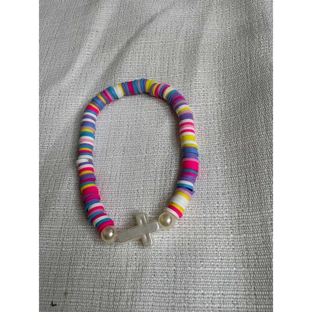 Handmade Multi Color Heishi Bead Stretch Bracelet with Cross Charm and Pearls